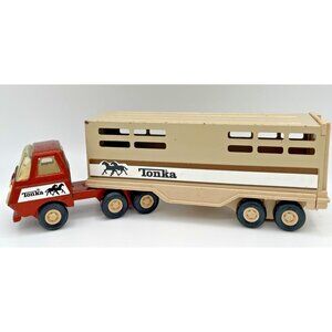 Vintage 1970's Tonka 11" Diecast Tan Horse Cattle Transport Semi Tractor Trailer